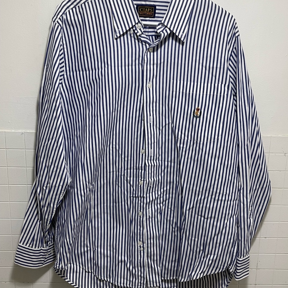 Vintage Chaps Ralph Lauren Men's Striped Button Down Shirt - Blue and White